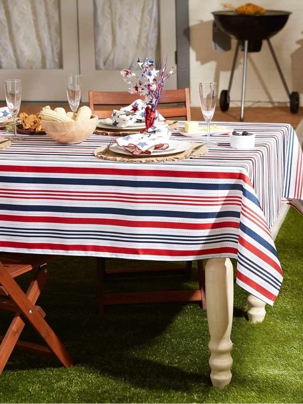 DII Patriotic Stripes Tablecloth, Stain Resistant & Waterproof, 60x84, LIKE NEW